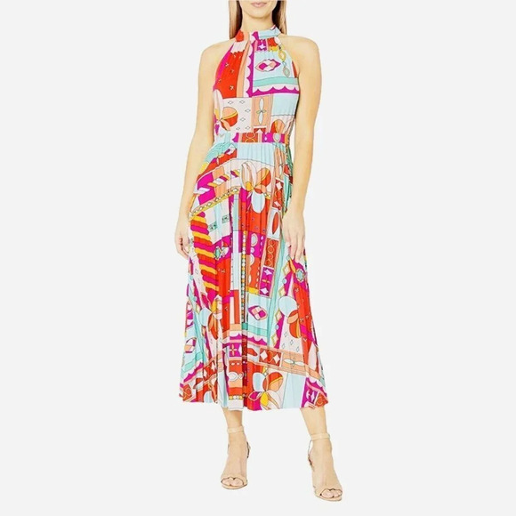 DONNA MORGAN Women's Size 4 Multicolor Sleeveless Halter Stretch Pleated Dress - Picture 1 of 2